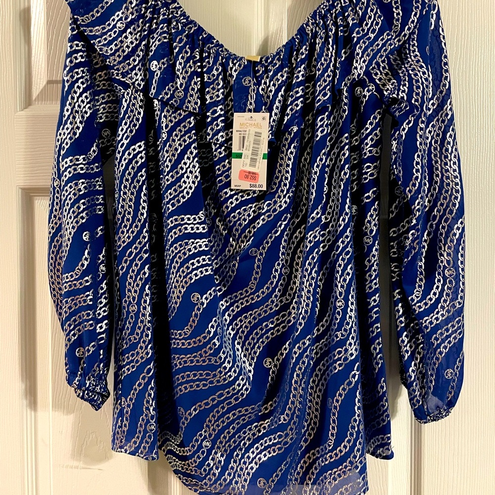 NWT Michael Michael Kors Womens Size Blue and Silver Metallic Chain-Print Top